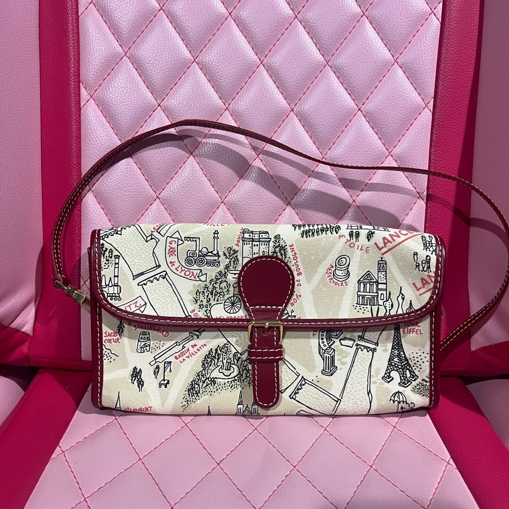 Vintage Lancel Paris Map Chic Cream and Red Print Clutch